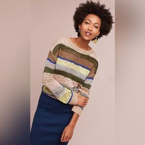 HARLYN Anthropologie Stitched & Striped Pullover Sweater Boho Festival Knit S